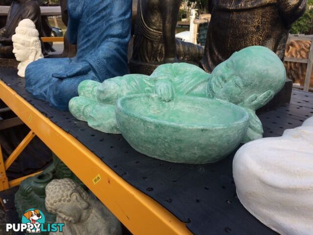 STATUE SLEEPING SHAOLIN w/ BOWL (GREEN WASHED)