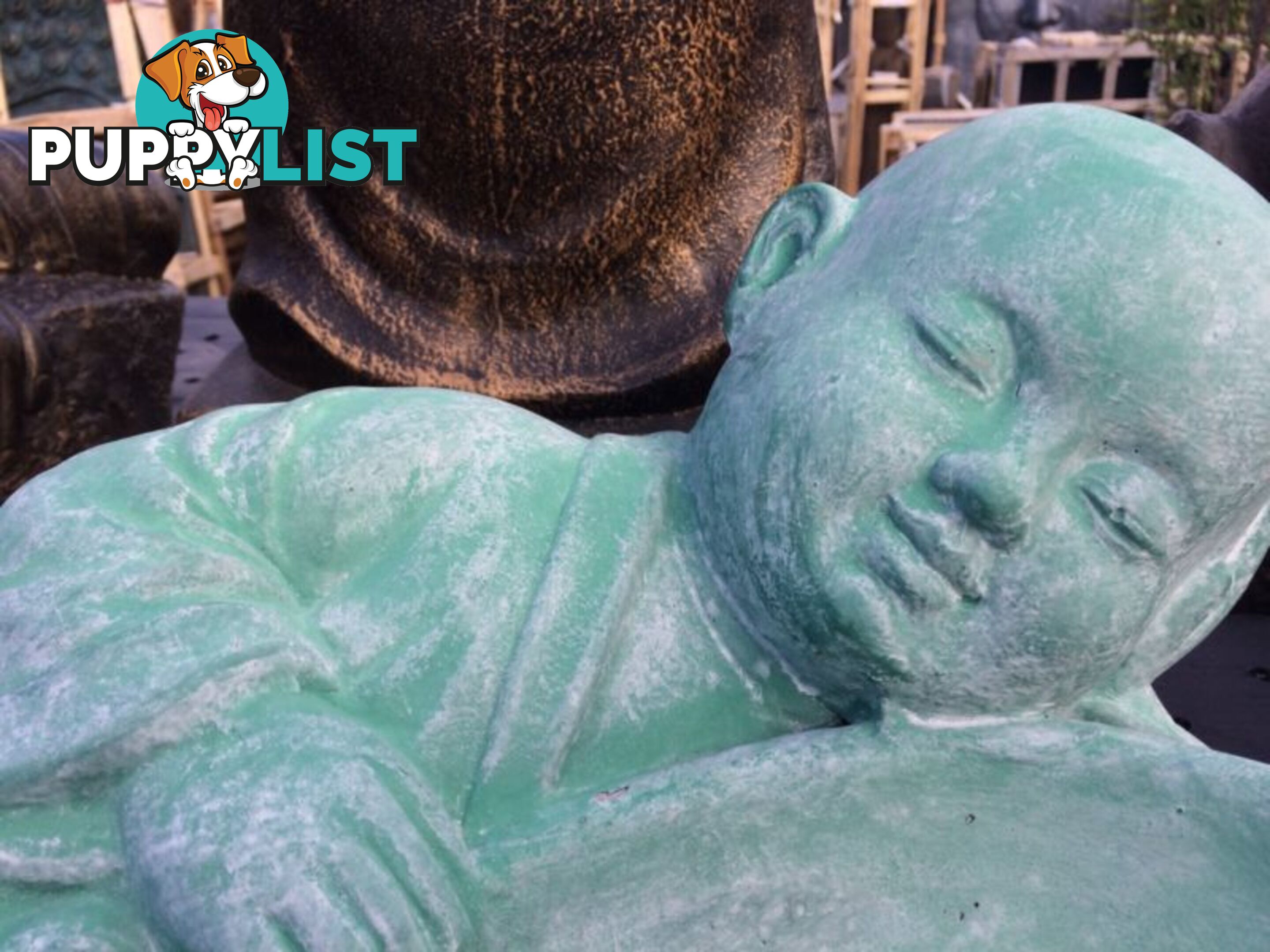 STATUE SLEEPING SHAOLIN w/ BOWL (GREEN WASHED)