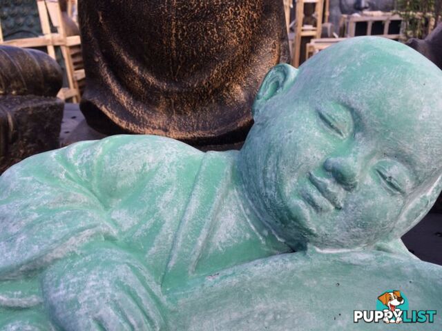 STATUE SLEEPING SHAOLIN w/ BOWL (GREEN WASHED)