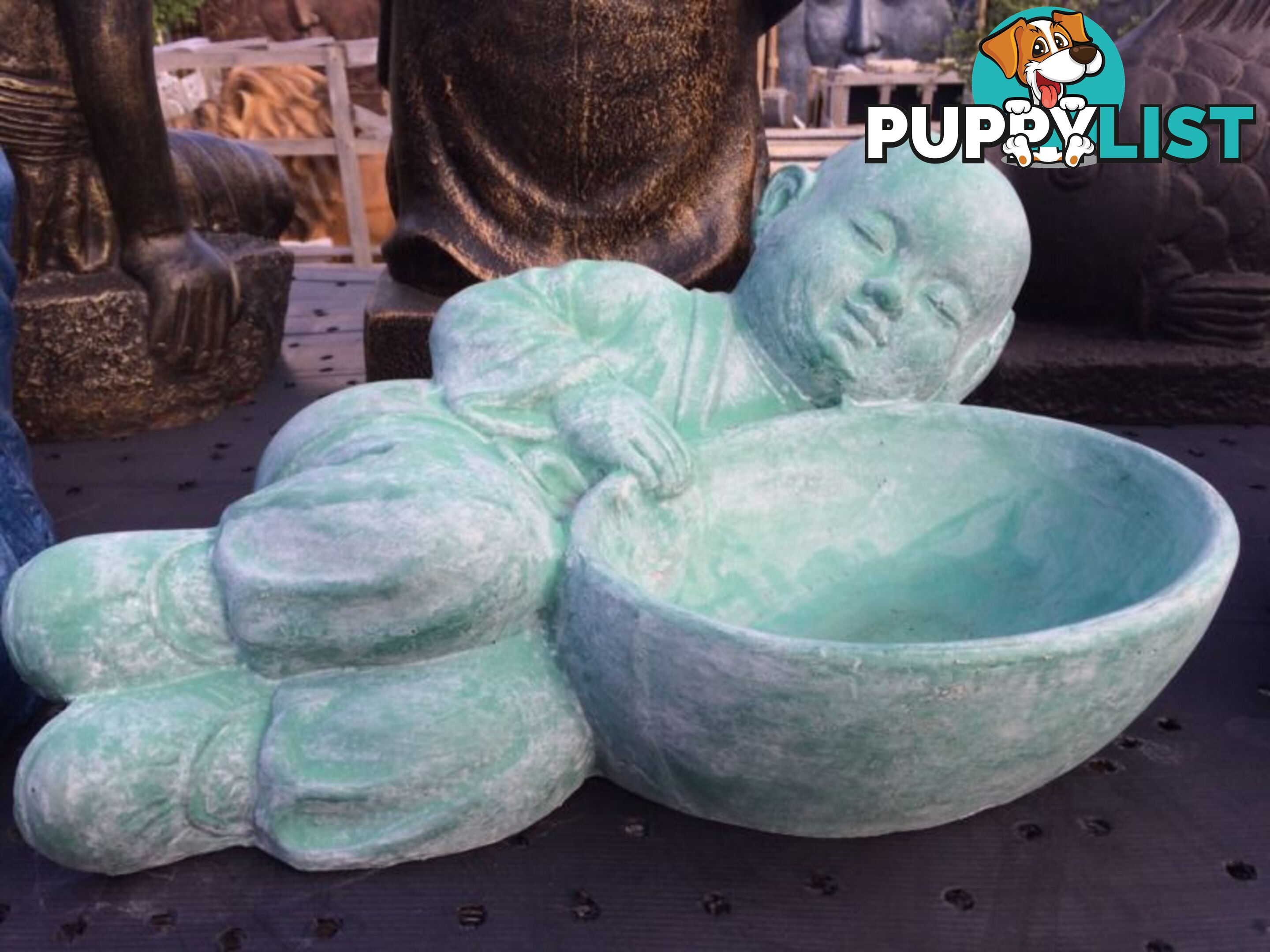 STATUE SLEEPING SHAOLIN w/ BOWL (GREEN WASHED)