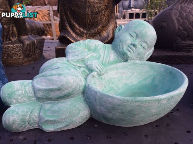 STATUE SLEEPING SHAOLIN w/ BOWL (GREEN WASHED)