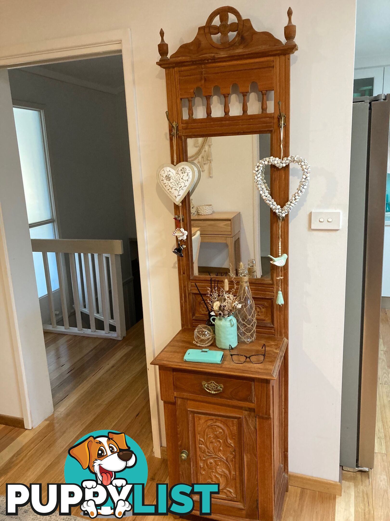 TEAK solid timber HALL STAND WITH MIRROR, DRAWER, ONE DOOR