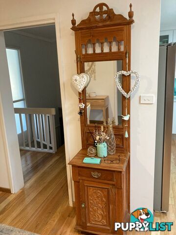 TEAK solid timber HALL STAND WITH MIRROR, DRAWER, ONE DOOR