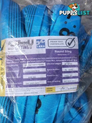 2 x ROUND LIFTING SLINGS Brand New 6m x 8000 Kgs. capacity.