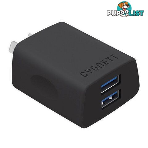 Cygnett Flow+ 2.4A Dual USB Wall Charger - Black - CY1947POFLW - Black - 848116013831