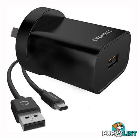 Cygnett POWERPLUS 18W Wall Charger (QC 3.0 USB) + USB-C to USB-A Cable - Black - CY3081POPLU - Black - 848116025179