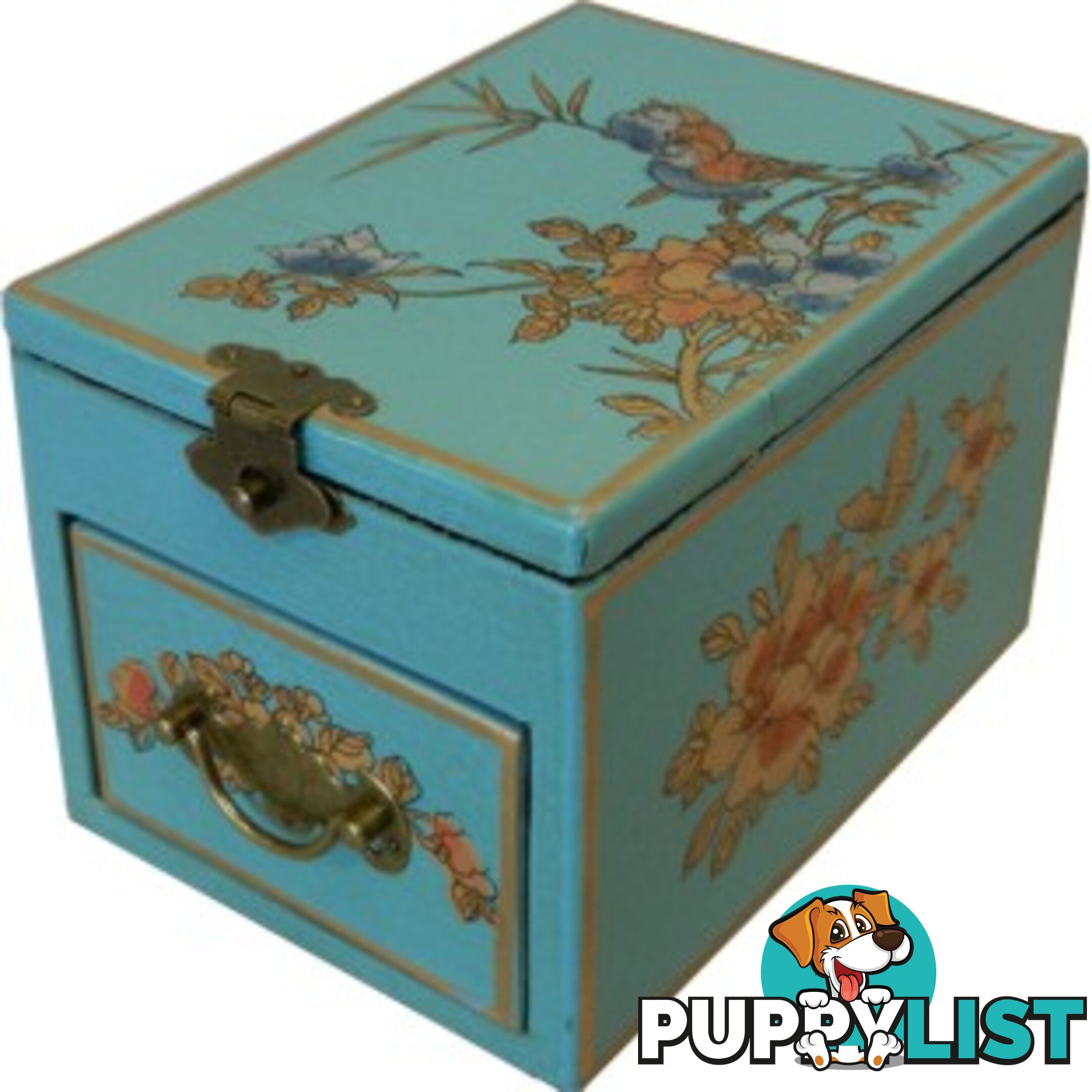 Blue Jewellery Box with Stand-Up Mirror - Bird 1 Drawer