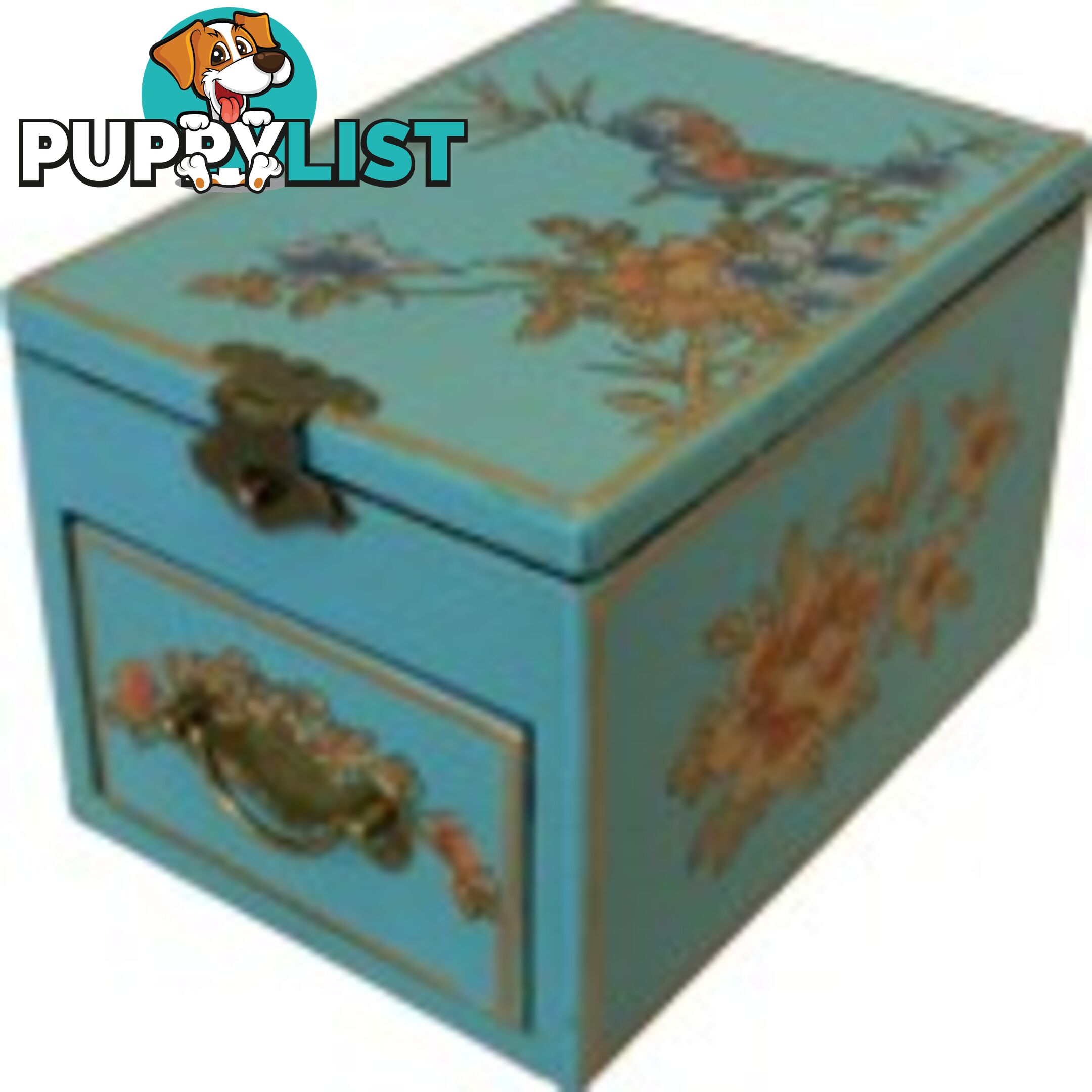 Blue Jewellery Box with Stand-Up Mirror - Bird 1 Drawer