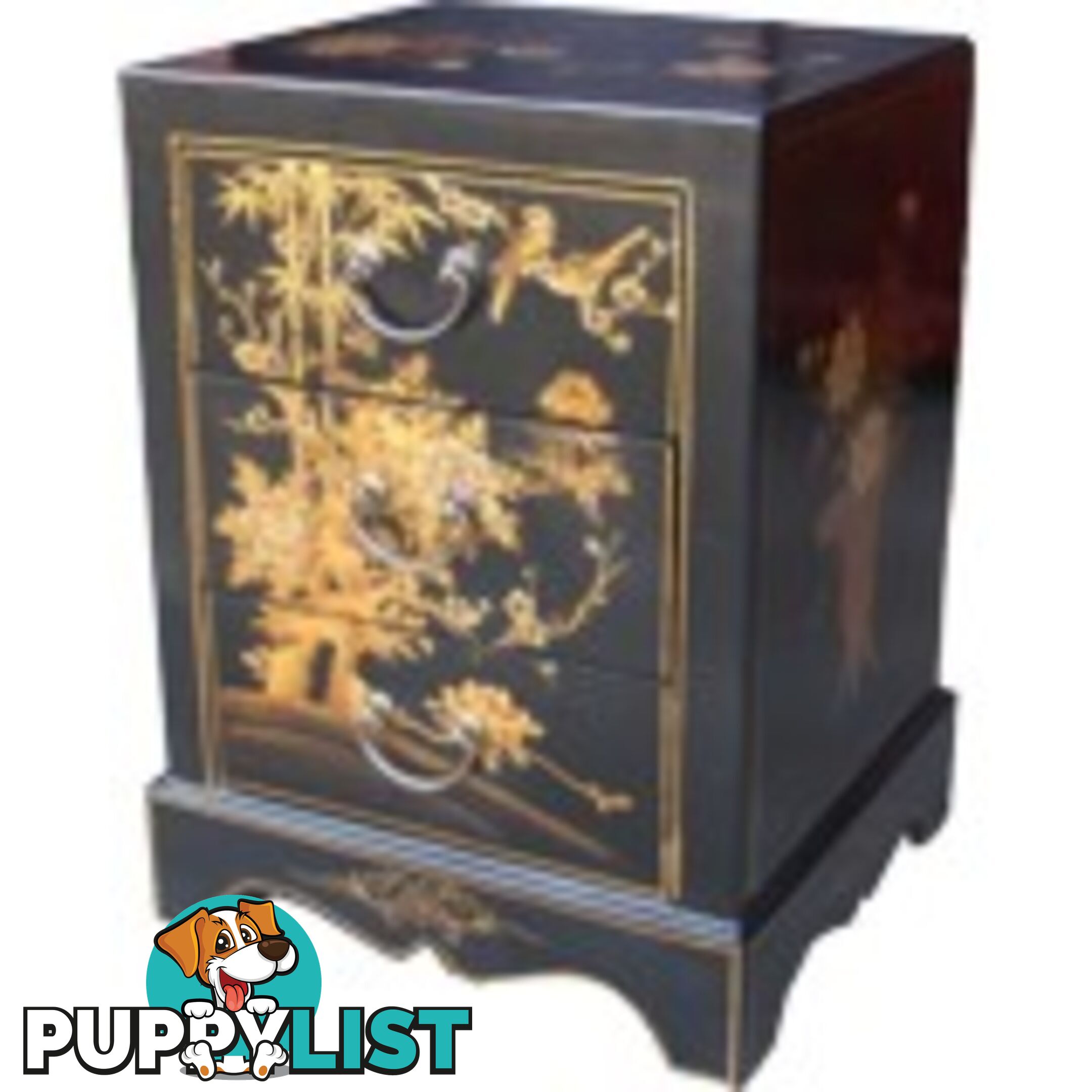 Black Painted Three Drawers Oriental Nightstand