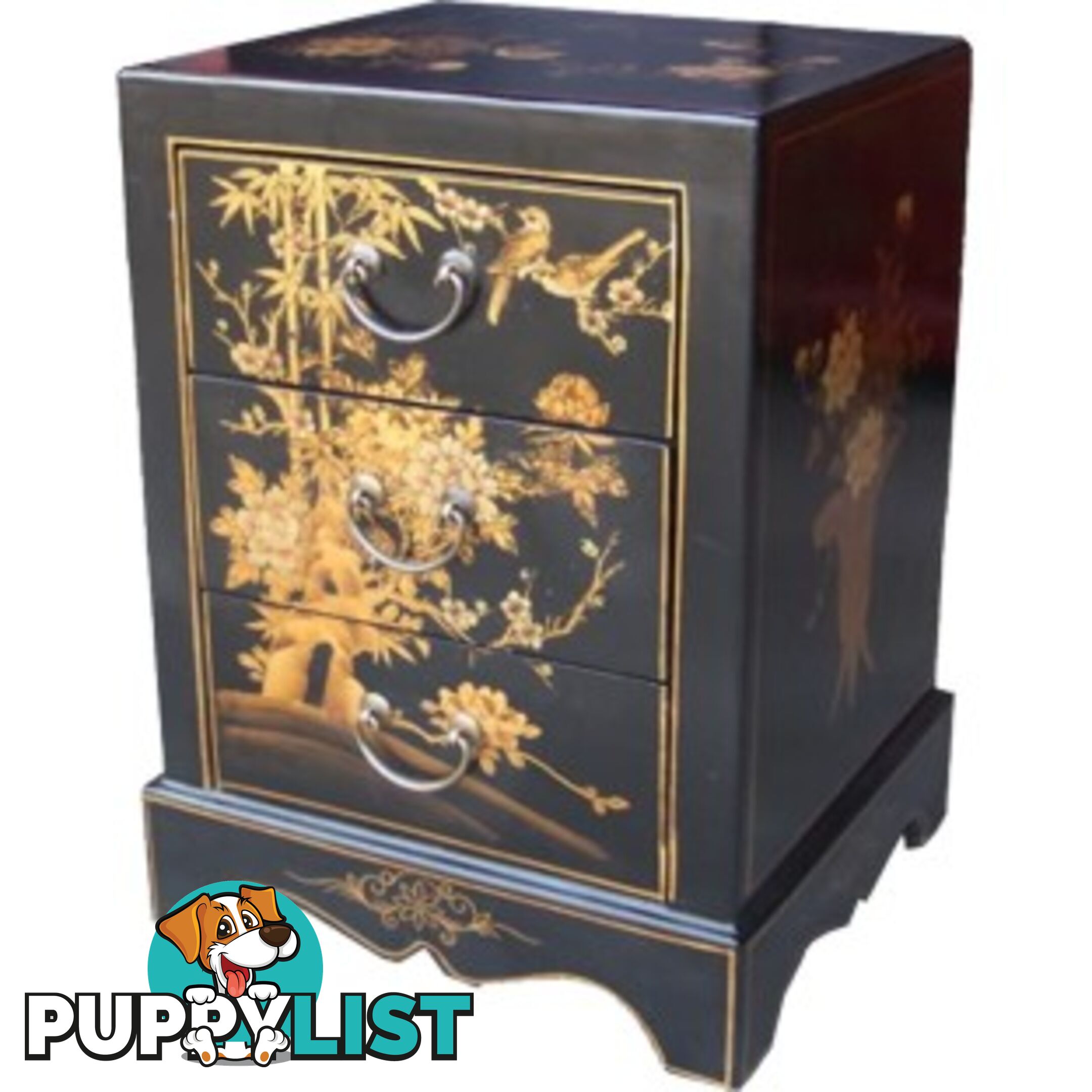 Black Painted Three Drawers Oriental Nightstand