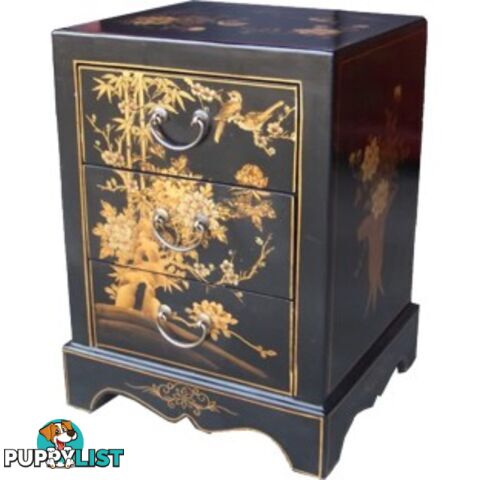 Black Painted Three Drawers Oriental Nightstand