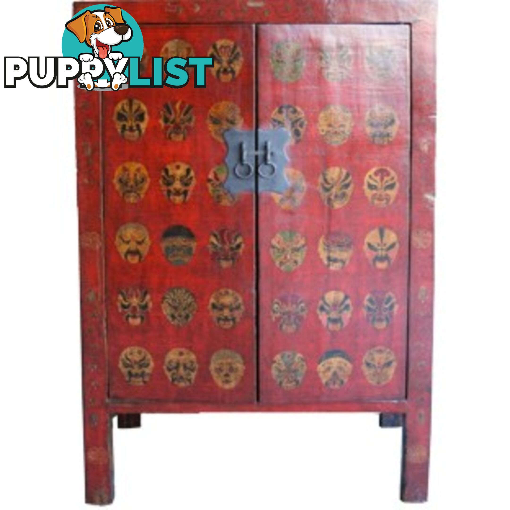 Red Chinese Cabinet with Manchurian Opera Masks Painting