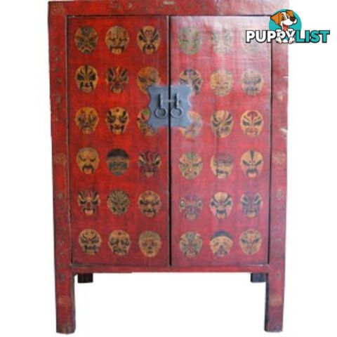 Red Chinese Cabinet with Manchurian Opera Masks Painting