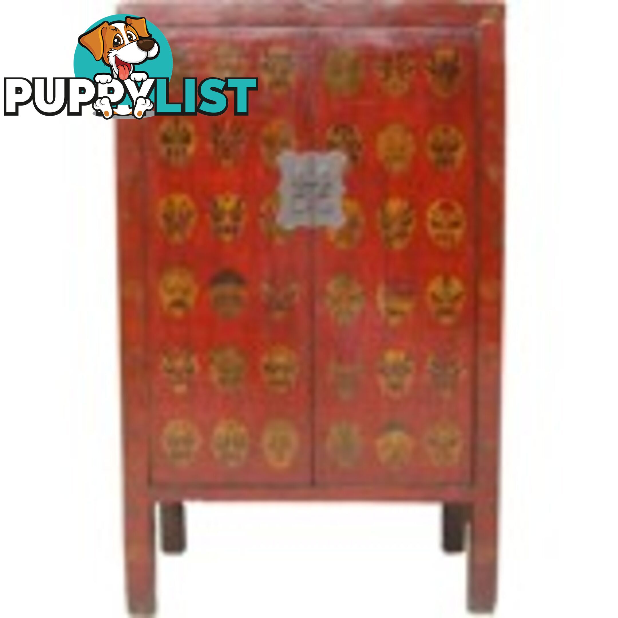 Red Chinese Cabinet with Manchurian Opera Masks Painting