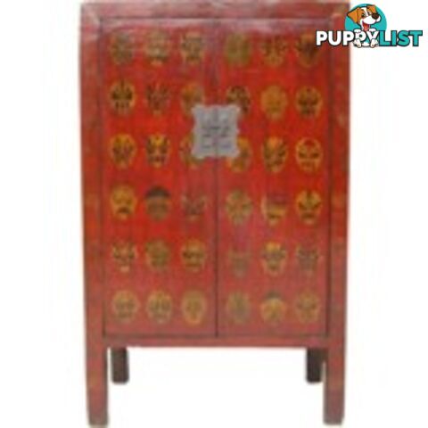 Red Chinese Cabinet with Manchurian Opera Masks Painting