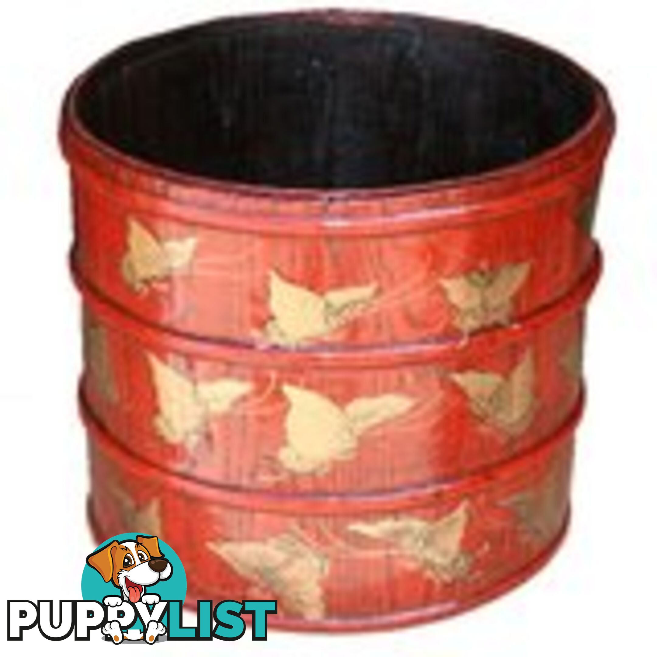 Red Chinese Wood Bucket with Gold Butterflies Painting