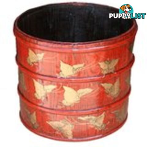 Red Chinese Wood Bucket with Gold Butterflies Painting