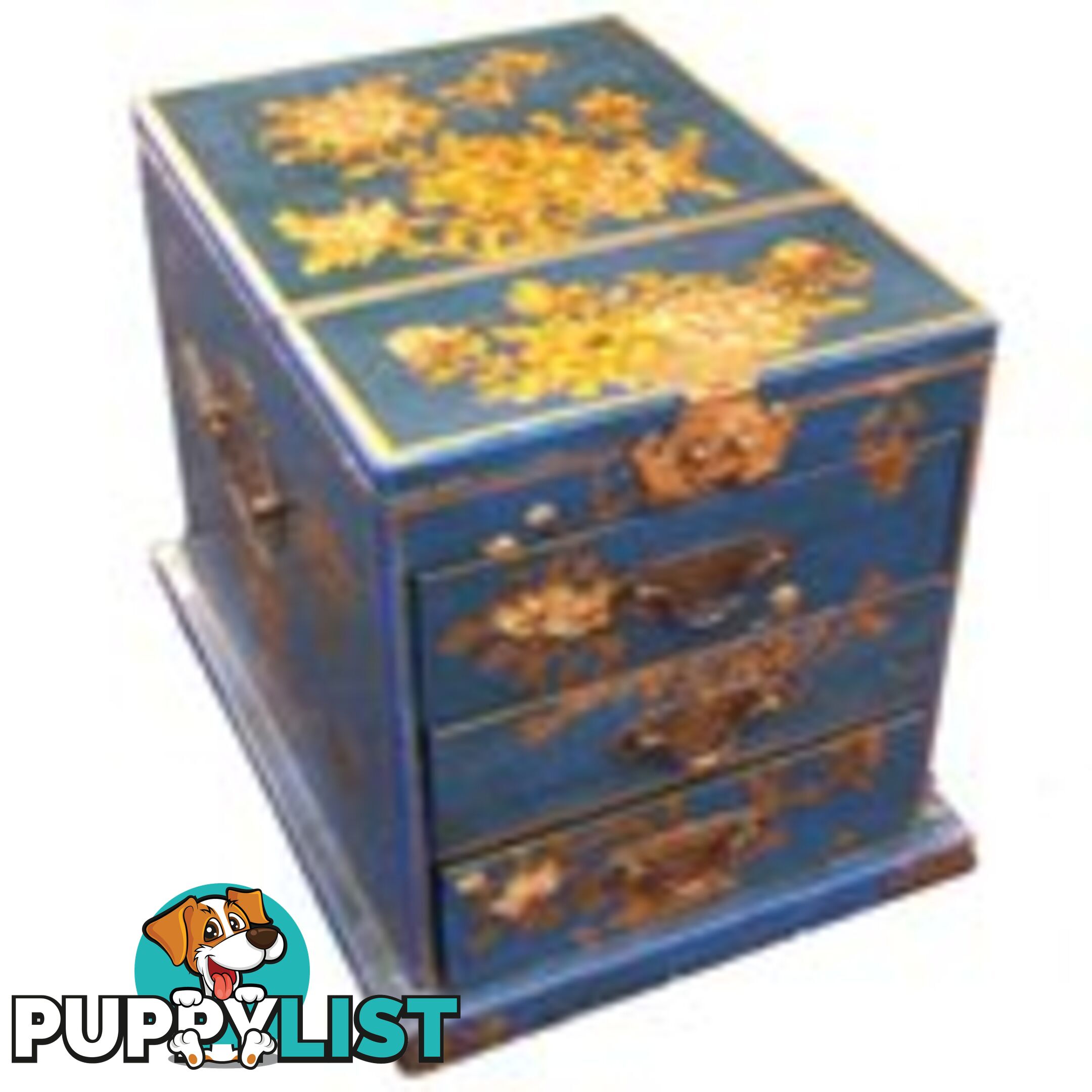 Large Blue Chinese Jewellery Box with Stand-Up Mirror -Flower