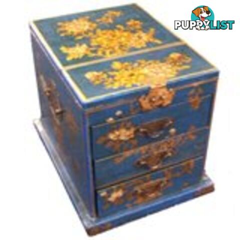 Large Blue Chinese Jewellery Box with Stand-Up Mirror -Flower