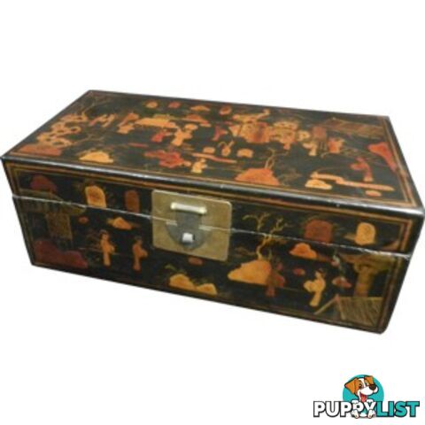 Black Leather Chinese Scholar's Box with Gilt Painting