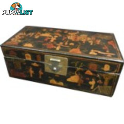 Black Leather Chinese Scholar's Box with Gilt Painting