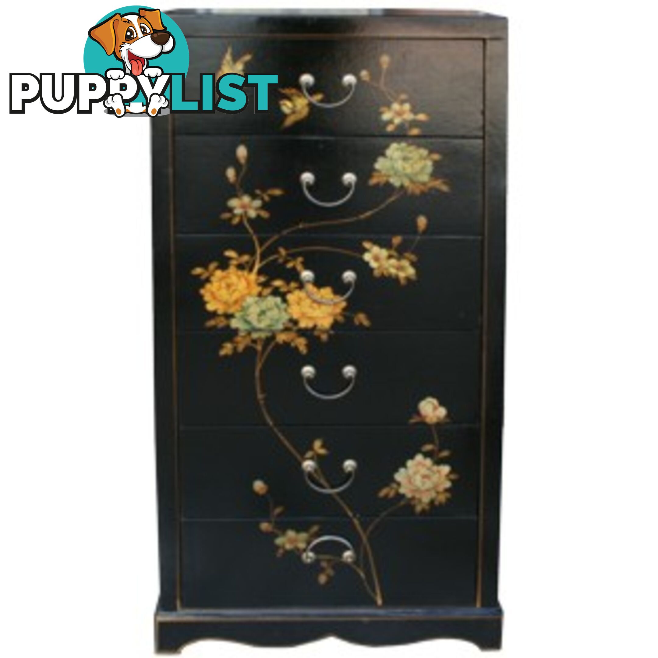 Black Painted Chinese Chest of Drawers - Tall Boy