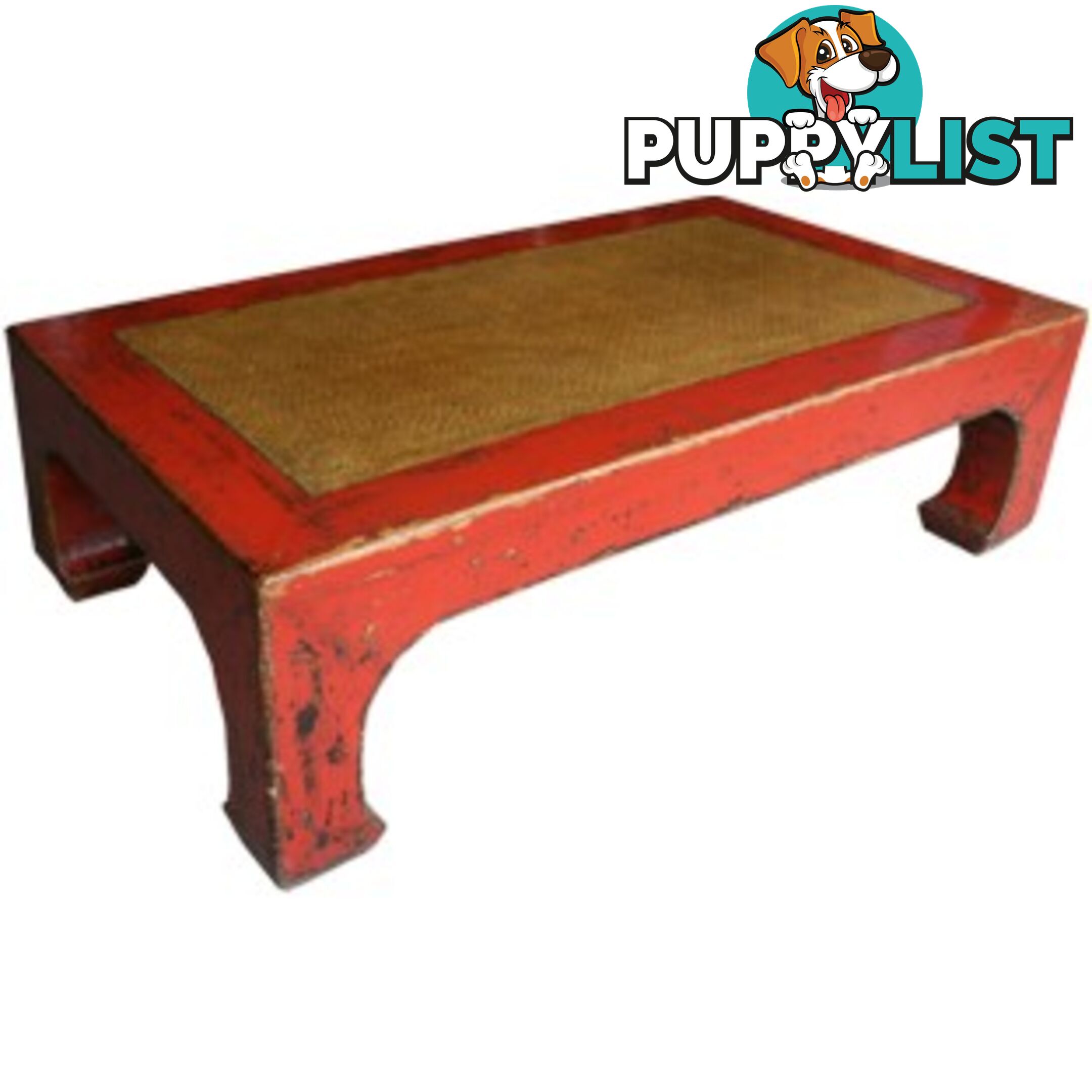 Red Rattan Inlay Rectangular Chinese Coffee Table