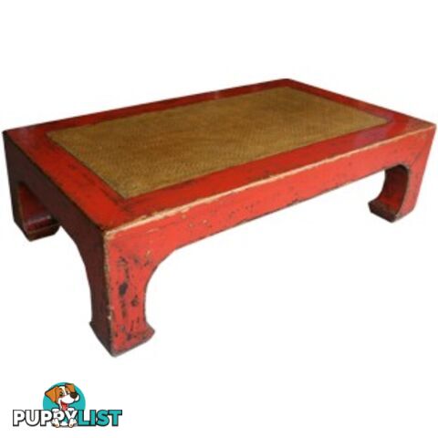 Red Rattan Inlay Rectangular Chinese Coffee Table