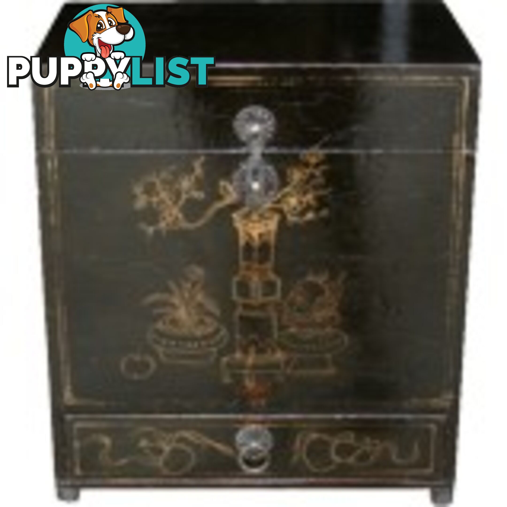 Antique Gold Painted Black Chinese Chest with Drawer