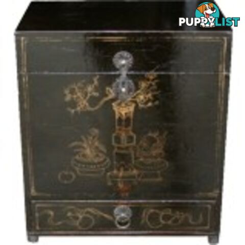 Antique Gold Painted Black Chinese Chest with Drawer