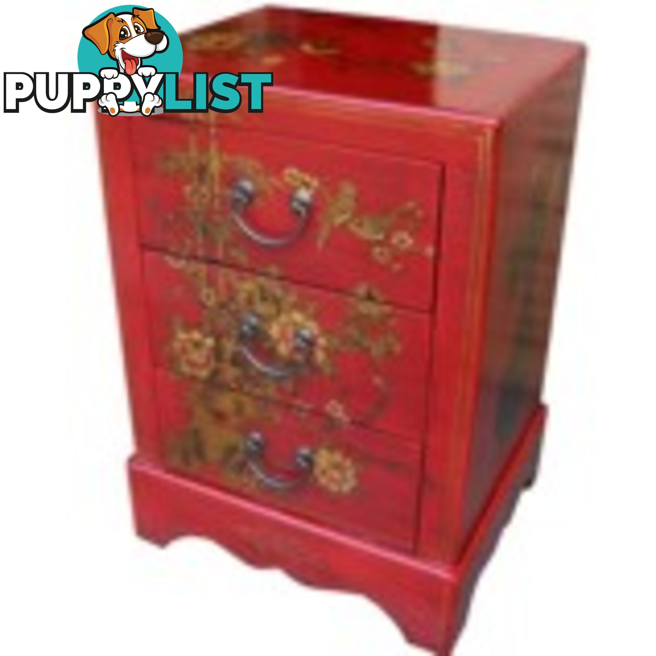 Red Painted Three Drawers Oriental Nightstand