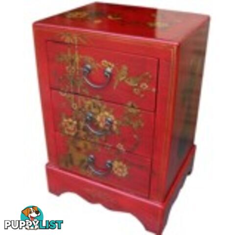 Red Painted Three Drawers Oriental Nightstand