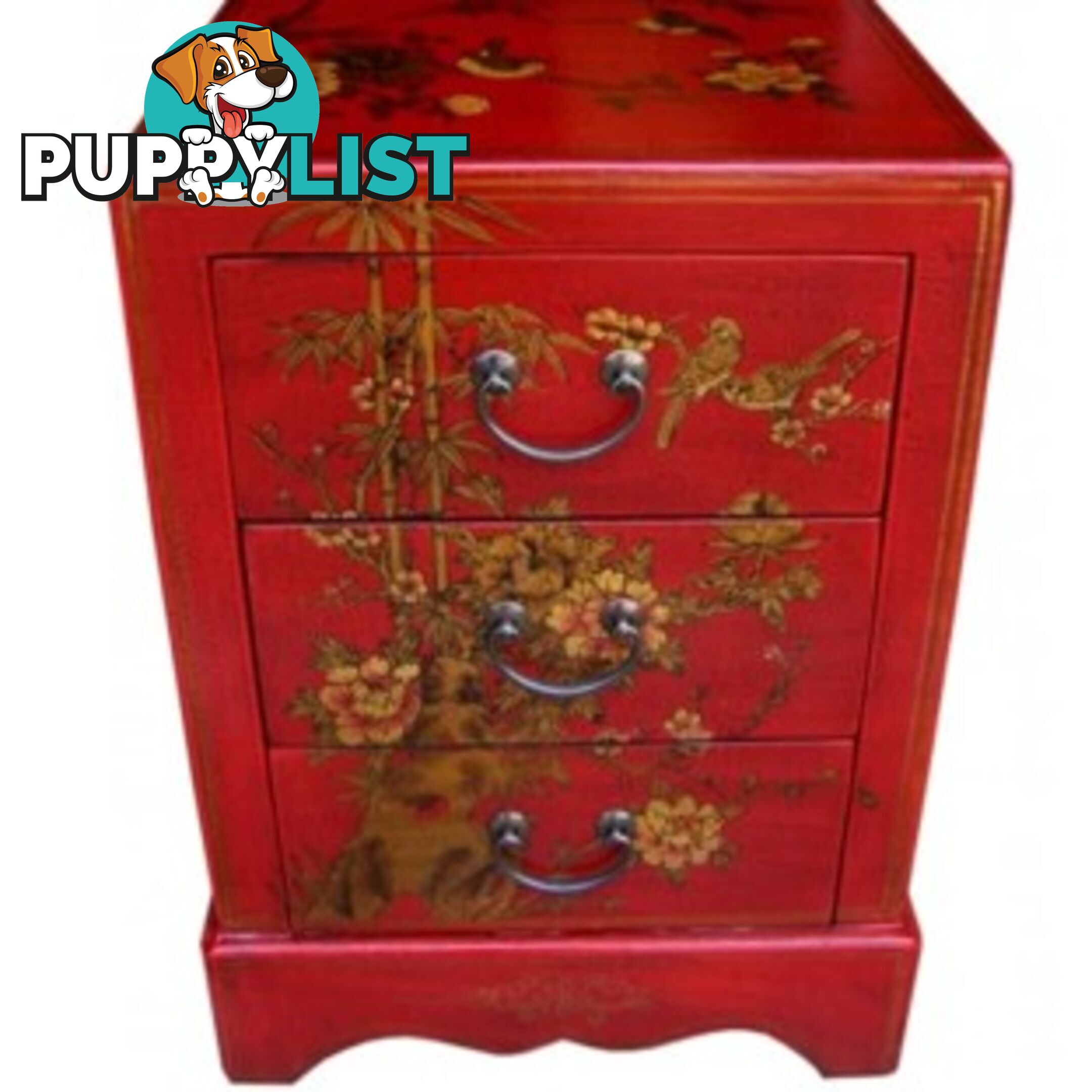 Red Painted Three Drawers Oriental Nightstand