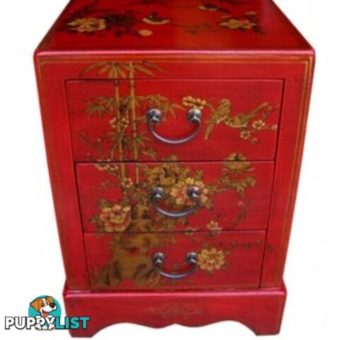 Red Painted Three Drawers Oriental Nightstand