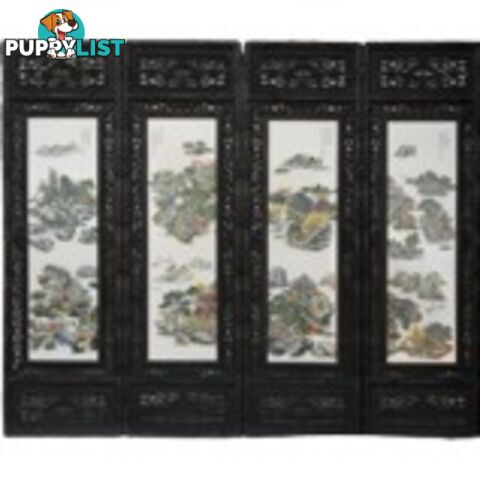 Chinese Wall Hanging Decoration-Carved Wood Panel w/Mountain Scene Porcelain Insert