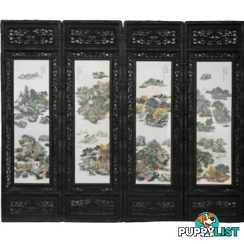 Chinese Wall Hanging Decoration-Carved Wood Panel w/Mountain Scene Porcelain Insert