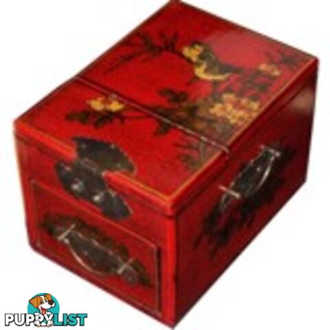 Red Jewellery Box with Stand-Up Mirror - Bird and Flower