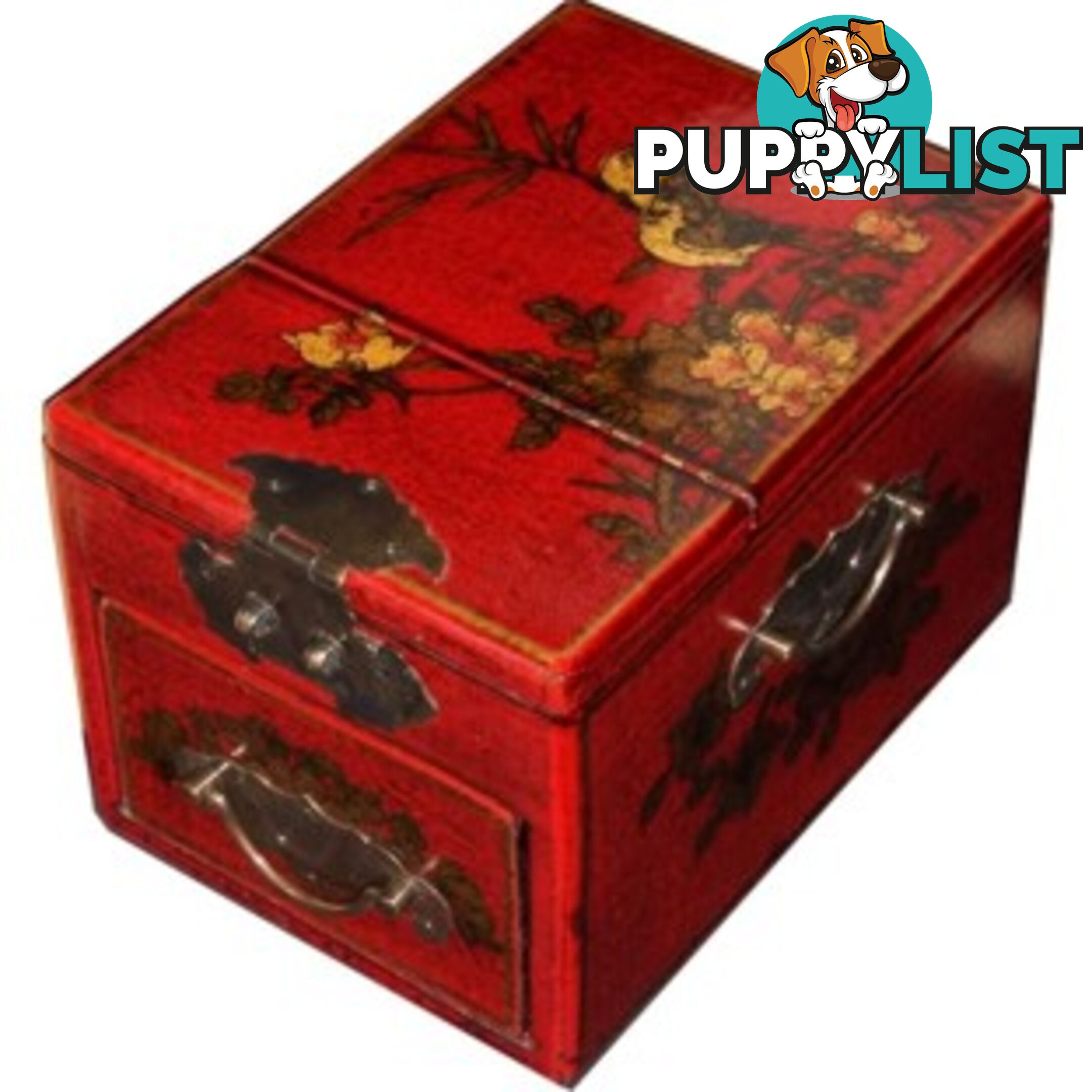 Red Jewellery Box with Stand-Up Mirror - Bird and Flower