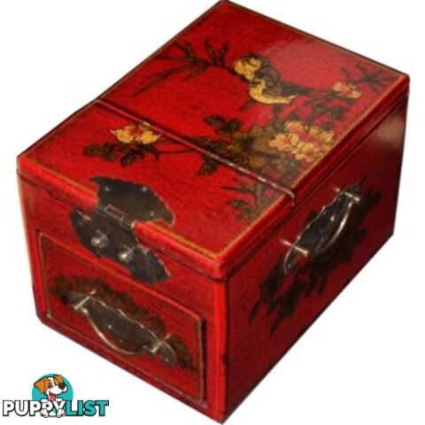 Red Jewellery Box with Stand-Up Mirror - Bird and Flower