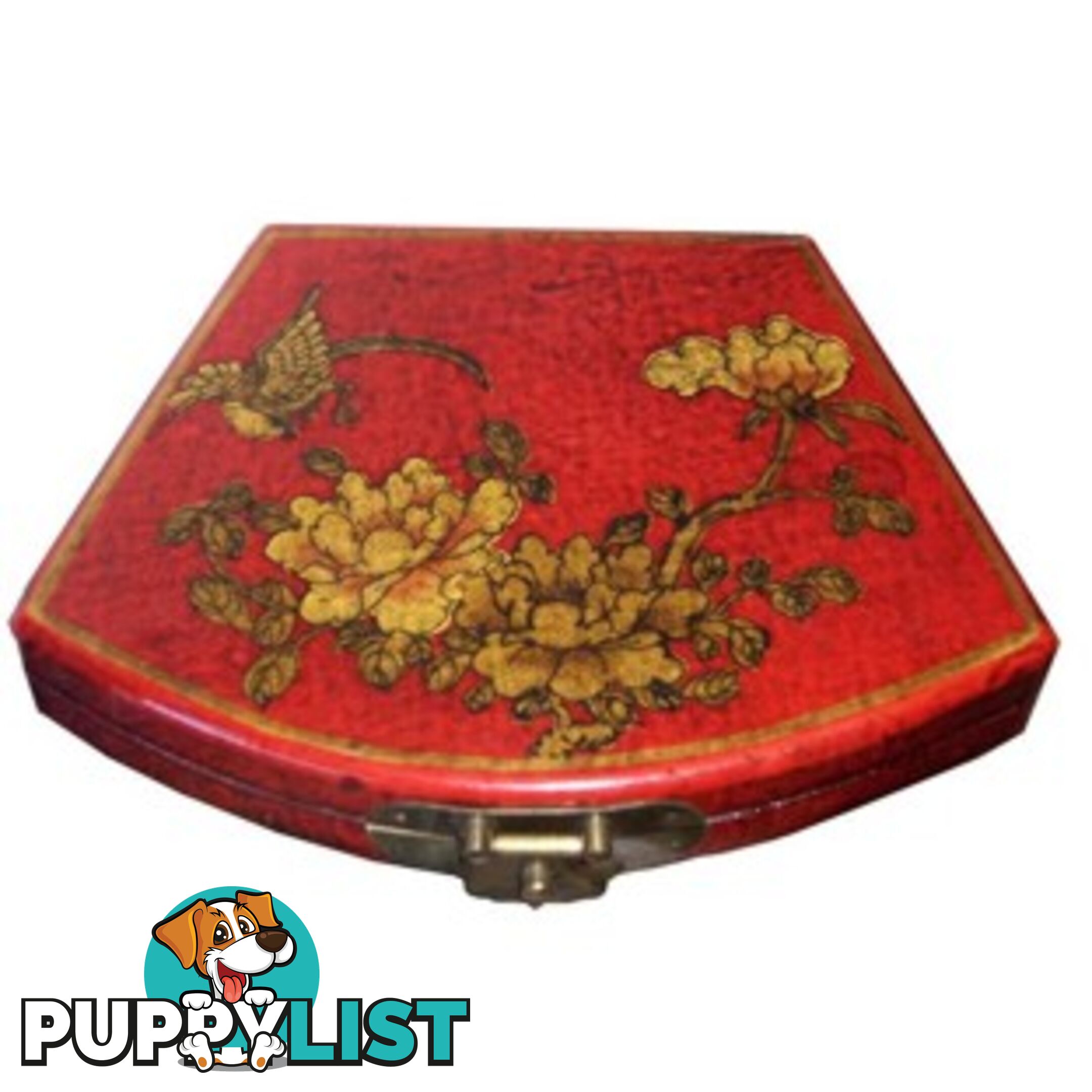 Red Flora Hand Painted Fan Shape Asian Box