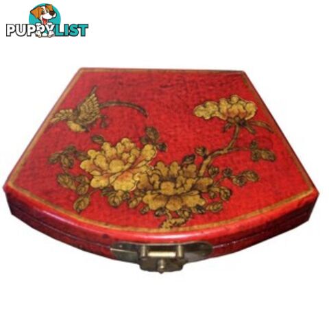 Red Flora Hand Painted Fan Shape Asian Box