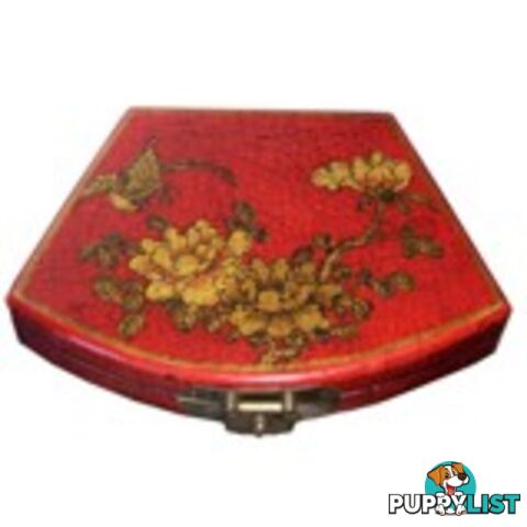 Red Flora Hand Painted Fan Shape Asian Box