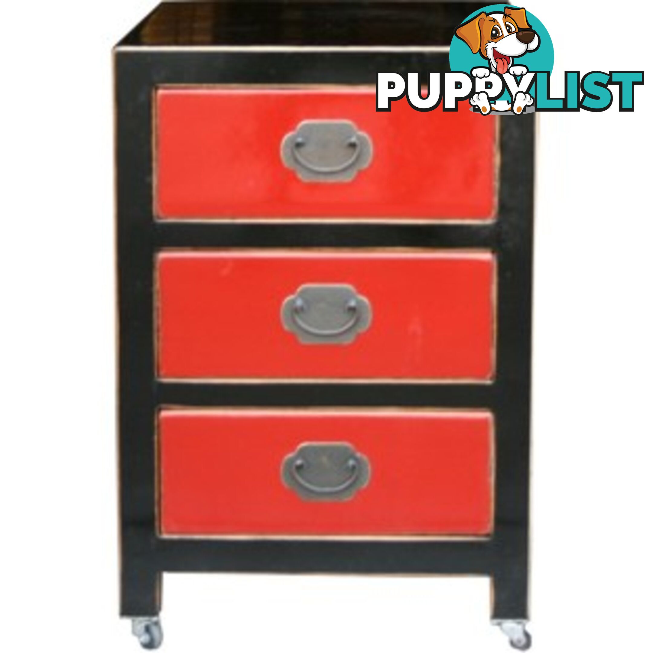 Black Lacquered Chinese Bedside Table w/Three Red Drawers