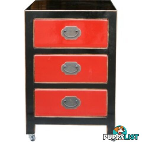 Black Lacquered Chinese Bedside Table w/Three Red Drawers