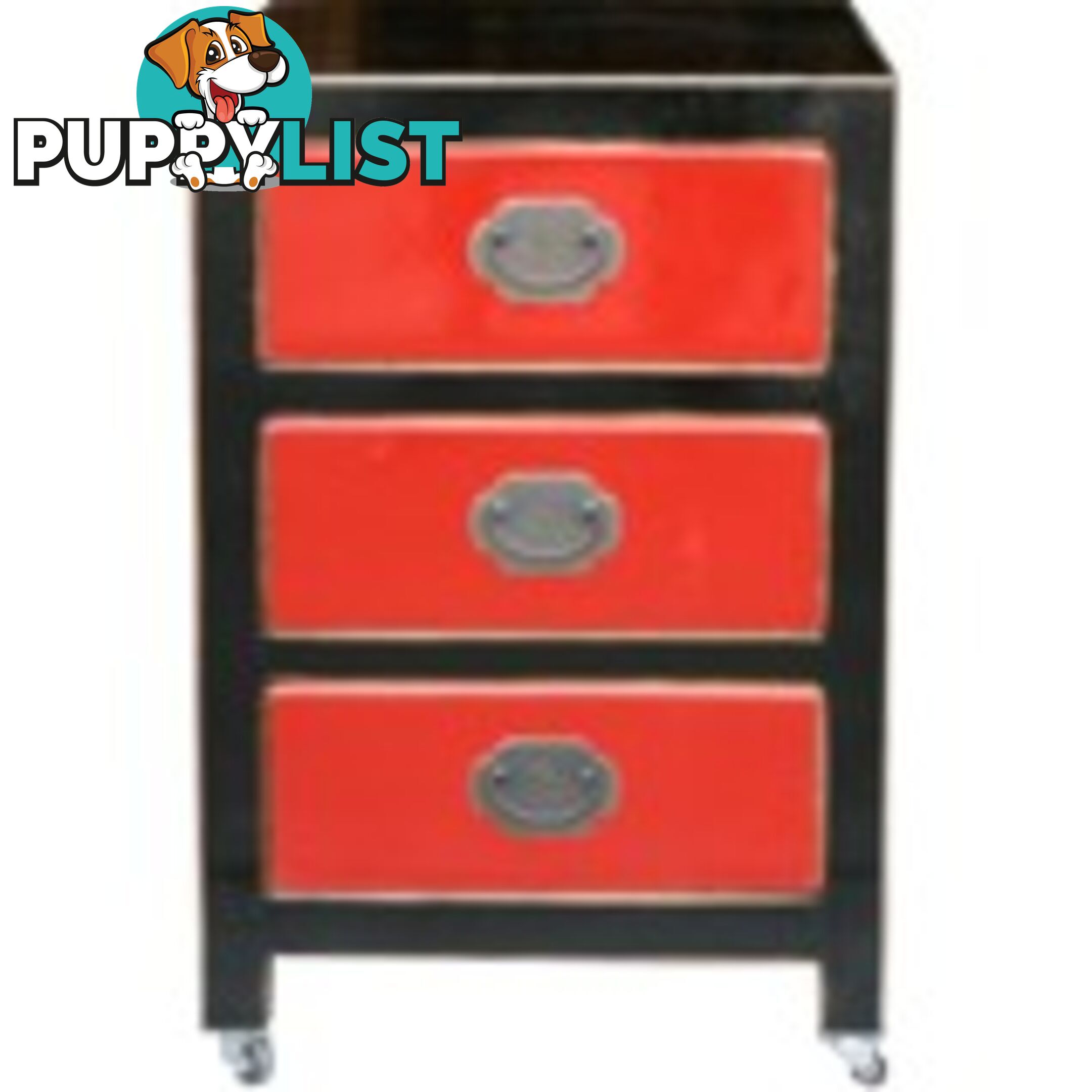 Black Lacquered Chinese Bedside Table w/Three Red Drawers