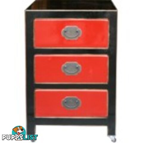 Black Lacquered Chinese Bedside Table w/Three Red Drawers