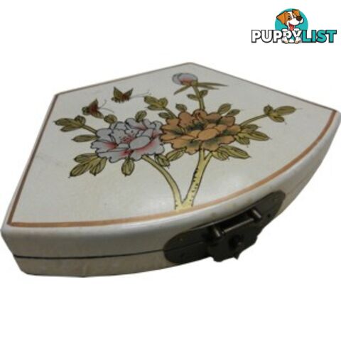 White Flora Hand Painted Fan Shape Asian Box