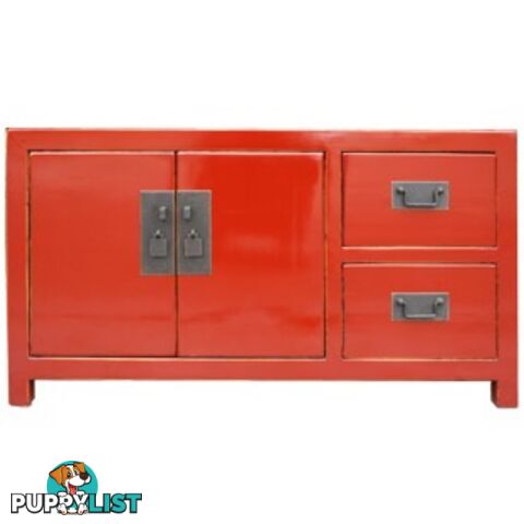 Red Lacquered Wood Low Sideboard Buffet