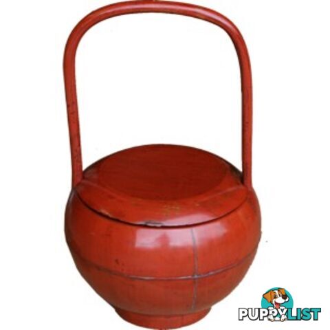 Red Antique Round Wood Decoration Box with Handle