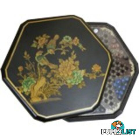 Chinese Checkers Set in Black Painted Flower and Bird Box